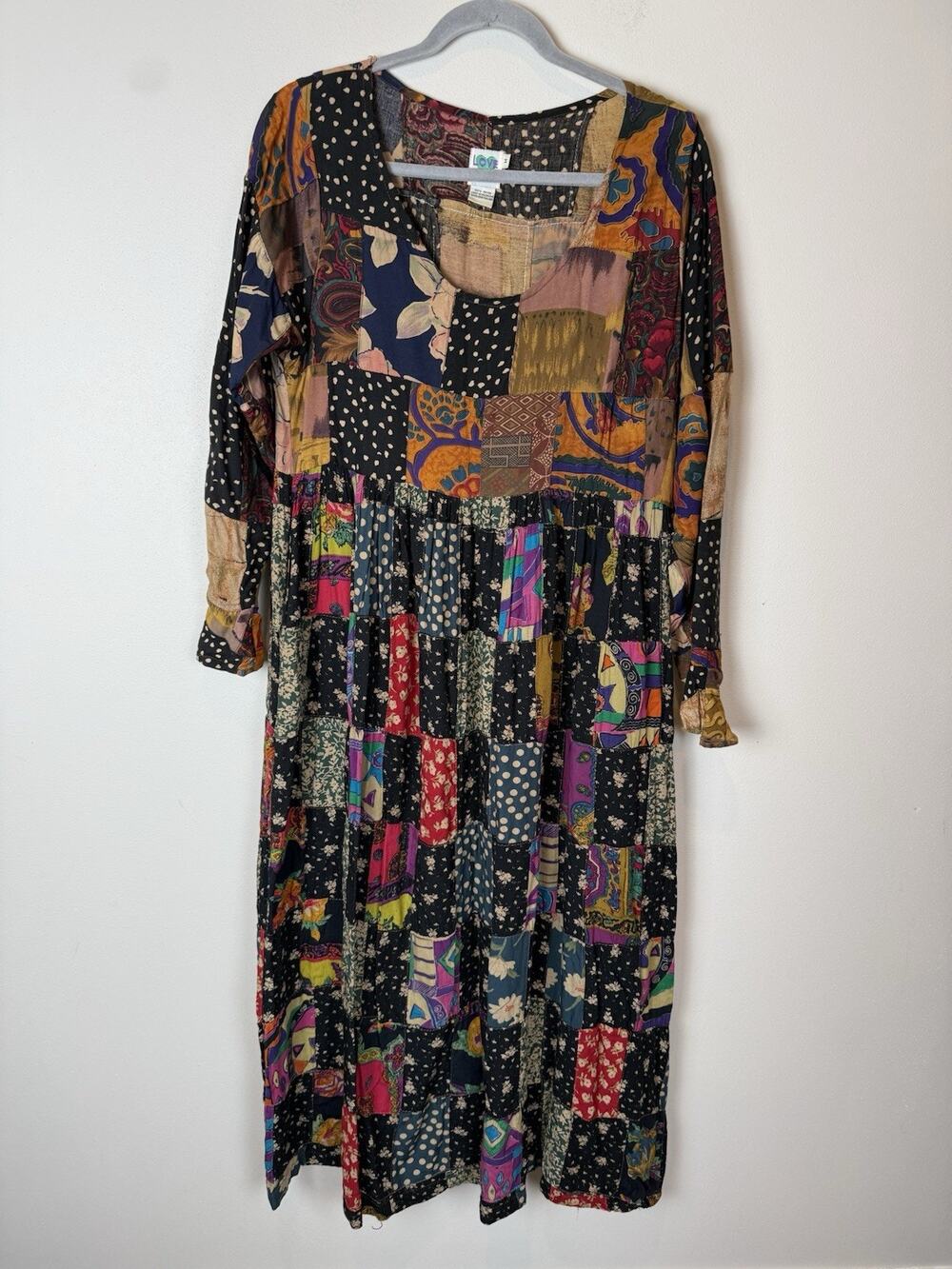 Love Tent Vtg Patchwork Maxi Dress Long Sleeve Boho Hippie Dress Vintage Sz M